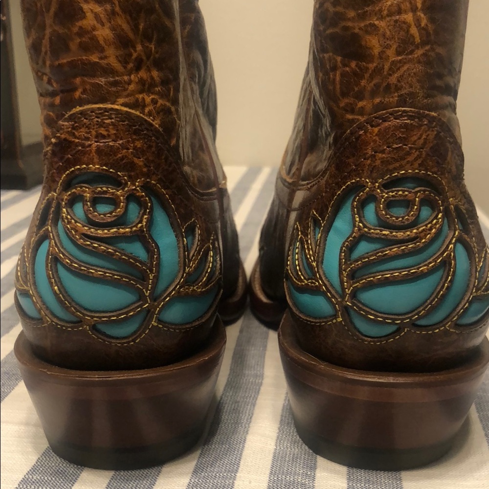 Women's Brown Leather Cowboy Boots with Turquoise Floral Inlay - Picture 8 of 9